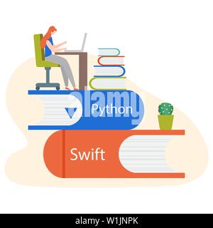 Vector illustration with people on stack of books, studying manual, working on computer. Flat style. Background for the programming landing page. Desi Stock Vector