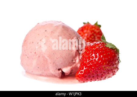 strawberry ice cream scoop with strawberries isolated on white background Stock Photo