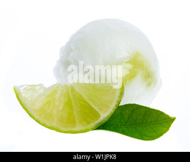 lime ice cream with lime slice and lime leaf isolated on white background Stock Photo