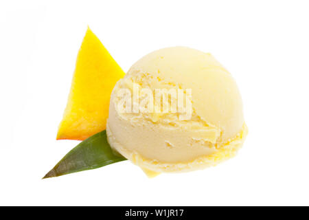 single mango ice cream scoop with a piece of real mango isolated on white background Stock Photo