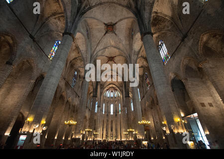 The interior of Santa Maria del Mar still bears the darkened walls and ceilings, left from its burning in the 1936 Civil War in Barcelona. (c) 2014 To Stock Photo