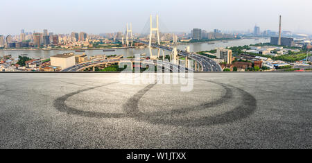 Empty asphalt road and Nanpu bridge in Shanghai,China Stock Photo