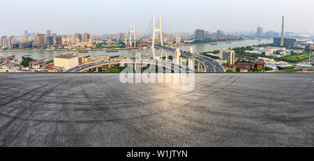 Empty asphalt road and Nanpu bridge in Shanghai,China Stock Photo