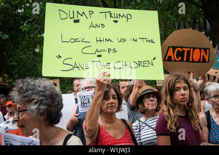 Brooklyn, New York, USA. 2nd July 2019. About 200 protestors gathered in front of Senator Chuck Schumer's residence on 9 Prospect Park West in the Park Slope Section of Brooklyn, New York calling on him to take action and close the concentration camps that are housing migrants seeking asylum. With the hashtag #CloseTheCamps, the organization MoveOn.Org had called for a day of action to protest the horrific situation in the detention centers along the U.S. and Mexican border. Credit: PACIFIC PRESS/Alamy Live News Stock Photo