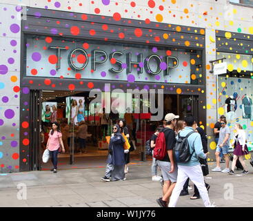 London, UK. 2nd July, 2019. Topshop and Topman stores seen being covered with rainbow bubbles.Many retail stores in the capital's shopping heartland of the West End are currently decorated in rainbow colours, supporting Pride. An annual celebration of the LGBT community, Pride culminates in the LGBT Pride parade in London, attracting many thousands of visitors to the capital, with a colourful, vibrant and eccentric procession through the city. Credit: Keith Mayhew/SOPA Images/ZUMA Wire/Alamy Live News Stock Photo