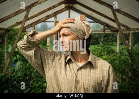 Photo of displeased tired woman gardener standing over tomato plants in greenhouse