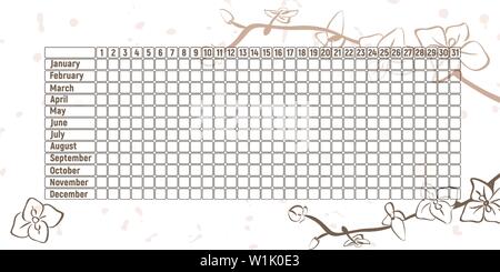 Menstrual period calendar. Monthly woman menstruation control. Vector illustration. Empty table with orchids. Stock Vector