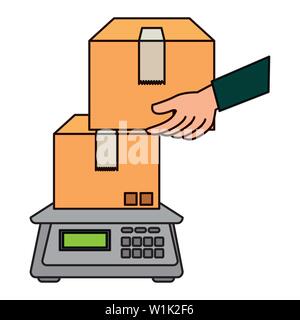 hands lifting boxes in balance measure weight Stock Vector
