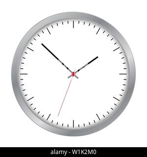 Simple illustration of clock face with minute, hour and second hand and red center with numbers. Metal circular trim. Isolated on white background - v Stock Vector