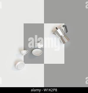 traditional Italian coffee maker and ceramic cups on a white and gray background. 3d image render in flat lay style Stock Photo