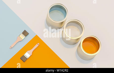 3d image render of color cans and brush on geometric background in flat lay style. Stock Photo