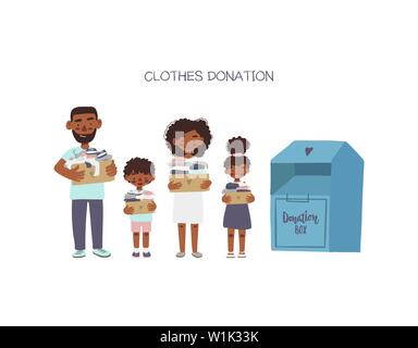 Modern flat vector illustration. African american family or volunteers holding cardboard boxes with clothing for donation or recycling. Stock Vector