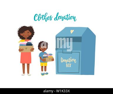 Modern flat vector illustration. Mother and son holding cardboard boxes with clothing for donation or recycling and clothing container. Stock Vector