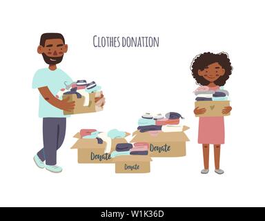 Modern flat vector illustration. Family or volunteers holding cardboard boxes with clothing for donation or recycling. Stock Vector