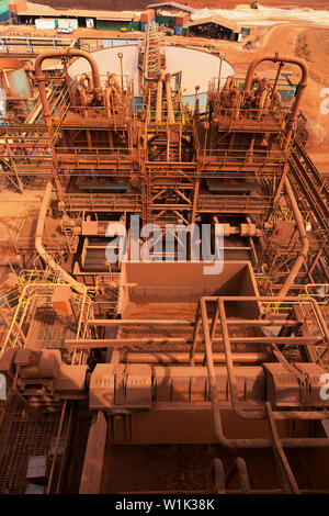 Mining operations for transporting and managing iron ore. View down over haematite process plant at dewatering screens and across to thickener tanks. Stock Photo