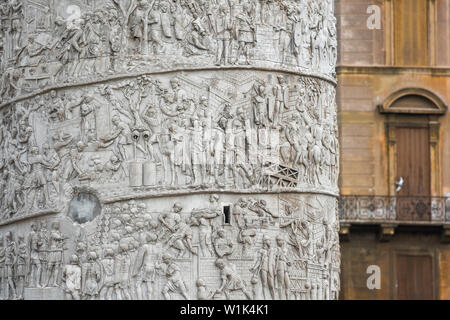 Trajan Column Rome, view of detail on Trajan's Column sited in the Foro Traiano in the center of Rome, Italy. Stock Photo