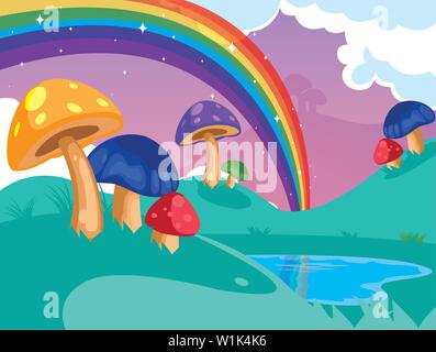 beautiful fairytale landscape with fungus and rainbow vector illustration design Stock Vector