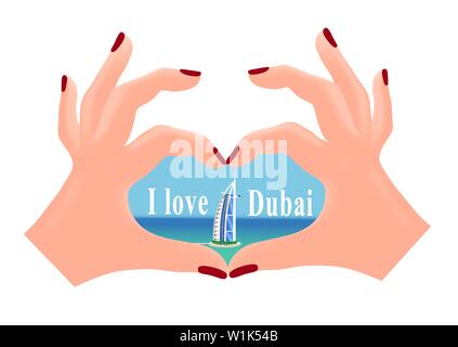 Hands in the shape of a heart show Burj Al Arab in Dubai. Isolated vector image with the ability to change text. Stock Vector