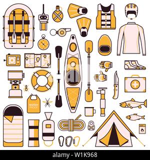 Rafting and Kayaking Design Elements in Line Art Stock Vector