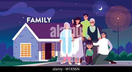 cute family with facade house in poster vector illustration design Stock Vector