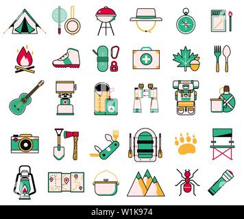 Camping and Hiking Wanderlust Line Art Icons Stock Vector