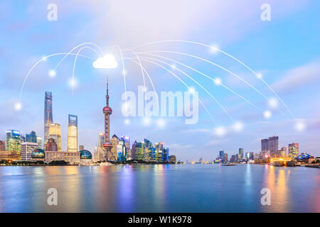 Modern city with wireless network connection concept,Shanghai Stock Photo