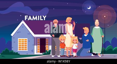 cute family with facade house in poster vector illustration design Stock Vector