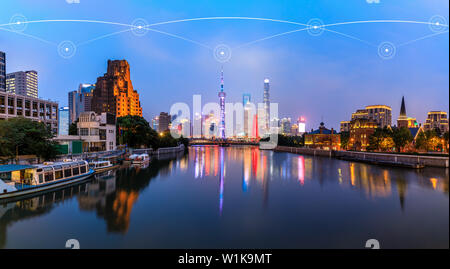 Modern city with wireless network connection concept,Shanghai Stock Photo