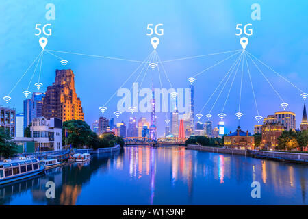 Modern city with wireless network connection concept,Shanghai Stock Photo