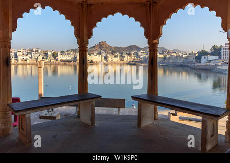 Ghats at Pushkar holy lake in Rajasthan. India Stock Photo