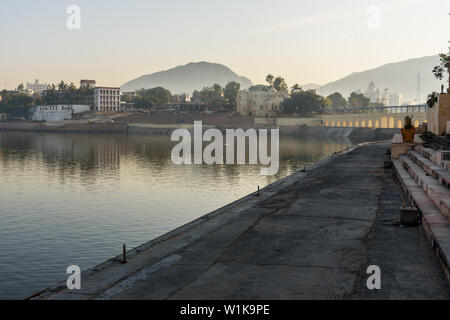 Ghats at Pushkar holy lake in Rajasthan. India Stock Photo