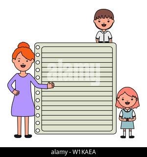 cute little students couple with female teacher and sheet vector illustration design Stock Vector