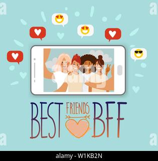 Selfie group of friends of girls on the screen of the smartphone. Phrase best friends. Like and smilies in bubbles. Vector illustration in flat cartoon style. Stock Vector