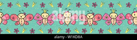 Cute pink hand drawn Kawaii style dancing butterflies border.Seamless vector pattern on blue textured musical notes background. Great for stationery Stock Vector