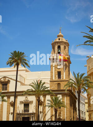 Principal facade of the Iglesia de Santiago Church in Plaza de la Catedral square. Cadiz. Andalusia, Spain. Stock Photo
