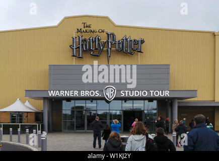 Leavesden, United Kingdom - April 27 2013:   The entrance to Warner Brothers studio tour, also known as Harry Potter world, off South Way Stock Photo