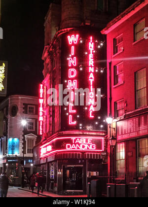 London UK, 15th December 2014. Night time shot of the legendary Windmill Theatre. Stock Photo