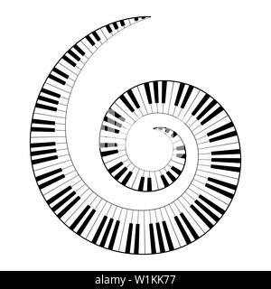 Musical keyboard spiral, constructed from octave patterns, black and white piano keyboard keys, shaped into repeated motif. Illustration. Stock Photo