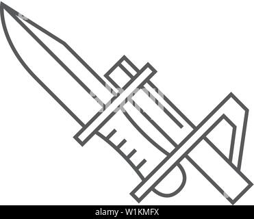 Bayonet knife icon in thin outline style. Weapon vintage riffle assault army war battle danger dagger Stock Vector