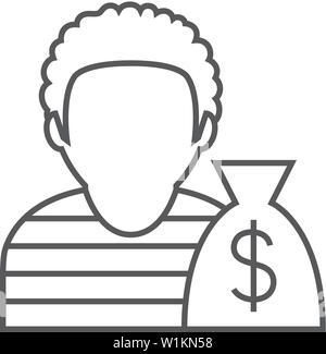 Burglar icon in thin outline style. People person thief steal money sack dollar sign Stock Vector