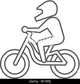 Mountain biker icon in thin outline style. Sport bicycle extreme downhill cycling helmet Stock Vector