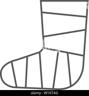 Injured foot icon in thin outline style. Gypsum cast medical health broken leg Stock Vector