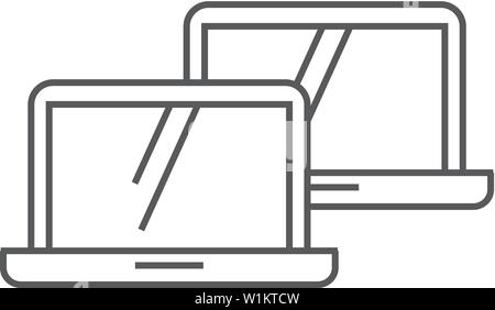 Laptops icon in thin outline style. Electronic computer network connection internet intranet local area Stock Vector