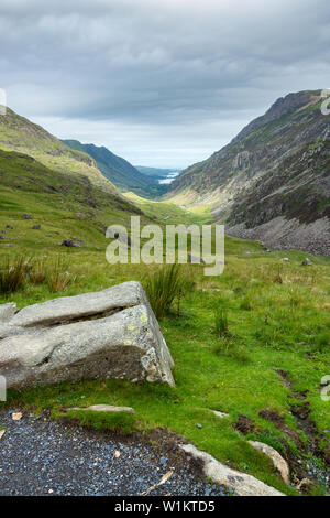 A view seen from the PYG track up to Snowdon mountain on overcast day Stock Photo
