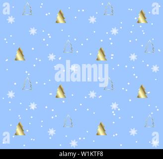 Blue Seamless pattern with golden Christmas trees Stock Vector