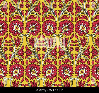 Woodblock printed seamless ethnic floral pattern. Traditional oriental ornament of India, meander motif with red  flowers on yellow background. Stock Vector