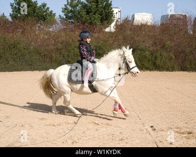 Little girl on galloping white ponny Stock Photo