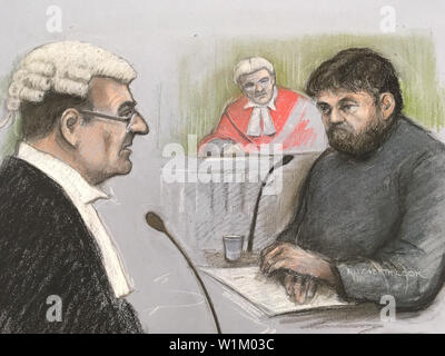 Court artist sketch by Elizabeth Cook of Carl Beech being questioned by QC Mr Collingwood Thompson as gives evidence at Newcastle Crown Court where he is accused of inventing claims about a Westminster VIP paedophile ring which he said murdered three boys. Stock Photo