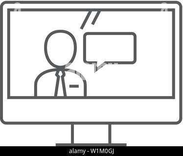 Computer chat icon in thin outline style. Social media interaction talking webinar Stock Vector