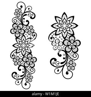 Retro lace vector single pattern in black, ornamental design with flowers and swirls, detailed lace motif on white background Stock Vector